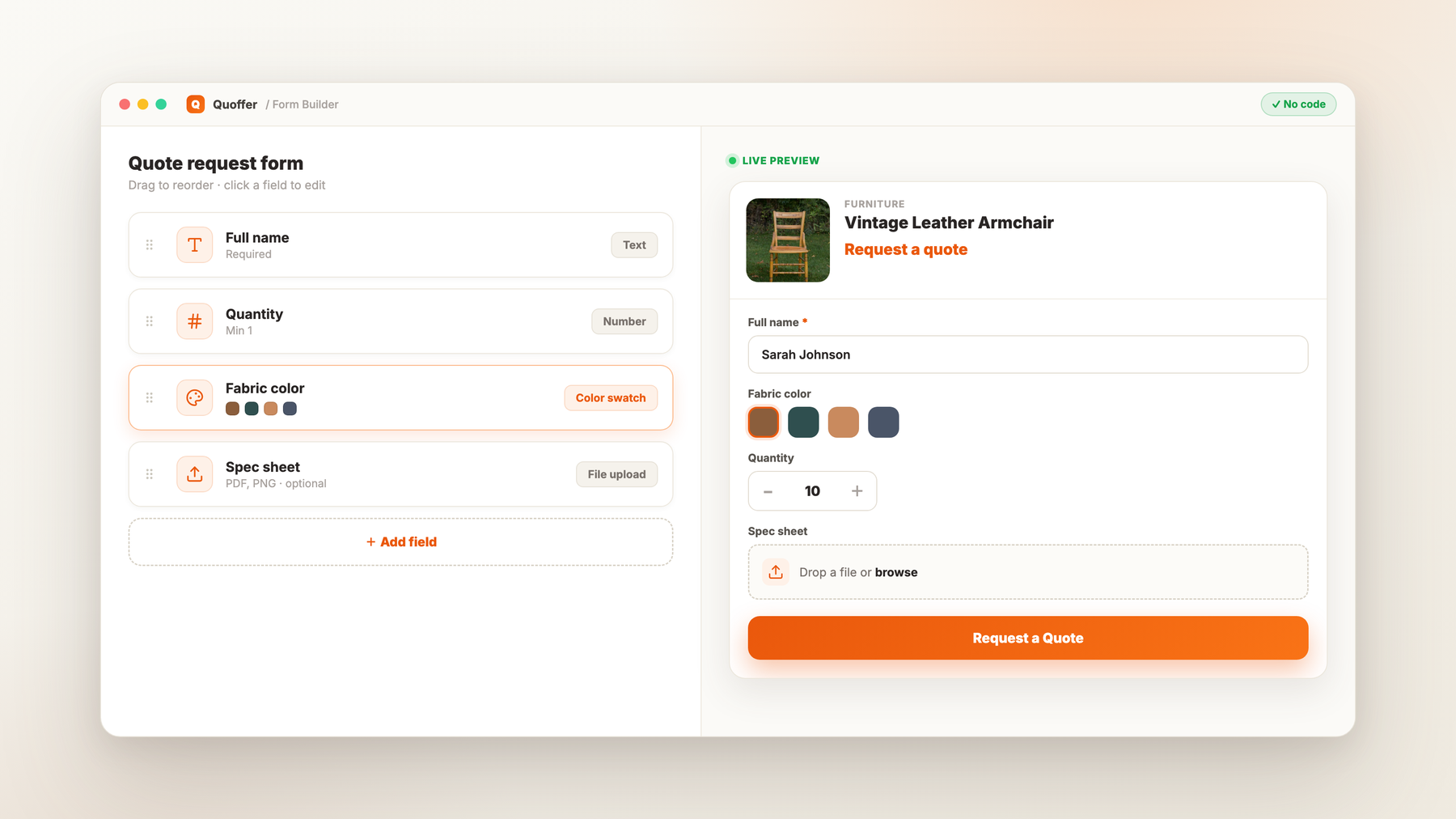 Quoffer no-code custom field builder with drag-and-drop fields and a live product-page quote form preview