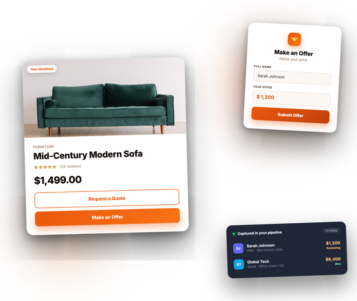Quoffer on a Shopify storefront — Request a Quote and Make an Offer buttons with an offer modal, and every submission captured in the merchant pipeline